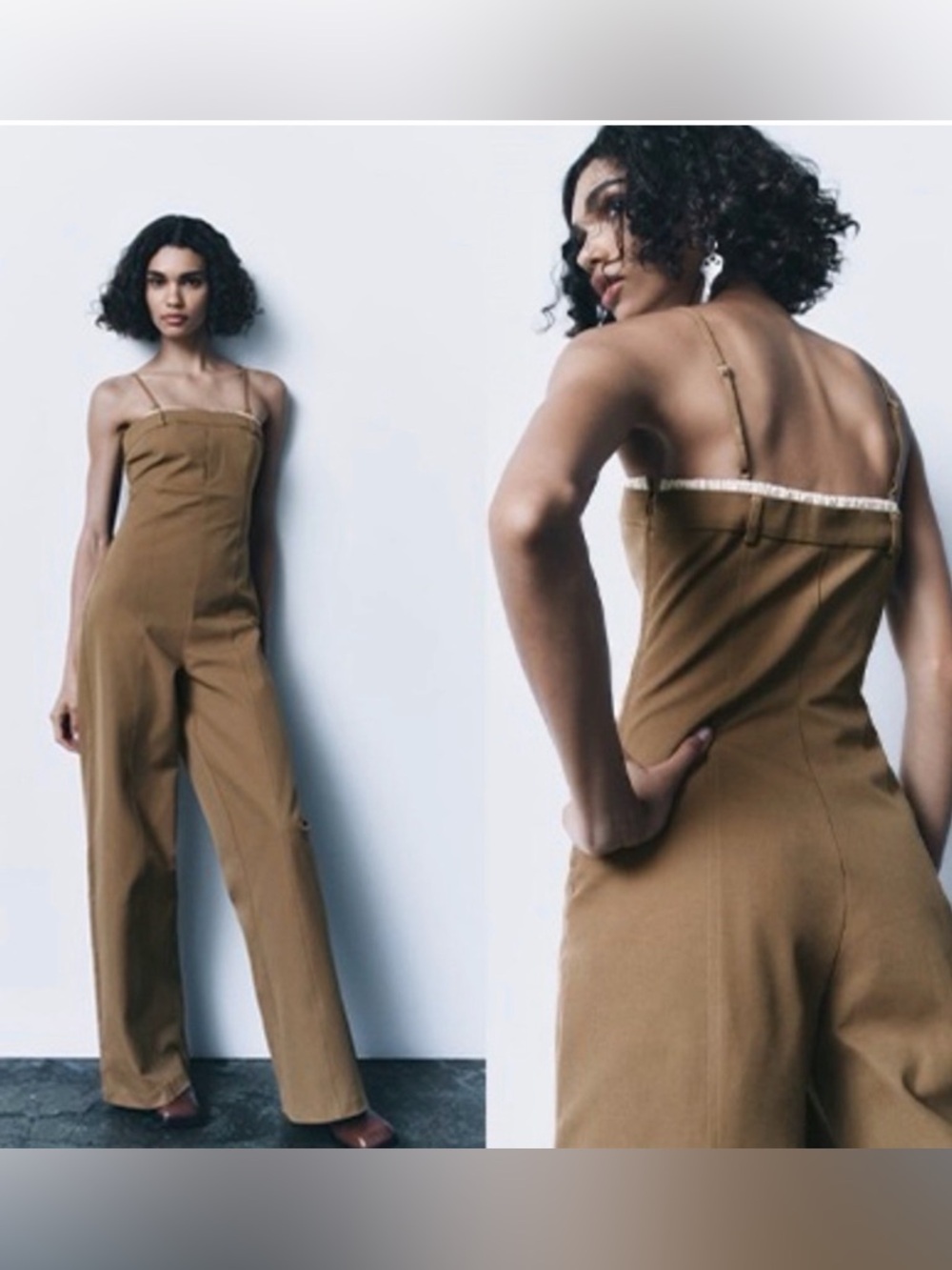 Zara Tobacco Brown Wide-Leg Long Jumpsuit with Thin Straps